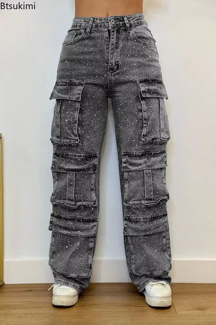 Pantalons cargo jeans taille haute pour femmes avec strass complet, streetwear chic, décontracté, pour toutes les saisons et occasions, jeans Btsukimi