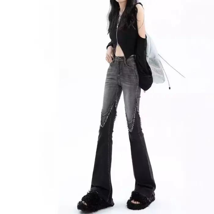 Jean noir et gris taille haute élastique coupe slim évasée pour femmes