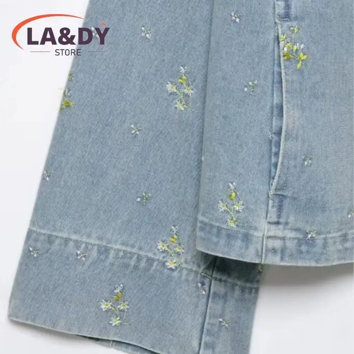Veste en jean décontractée femme brodée de fleurs col rabattu pour soirées officielles printemps automne