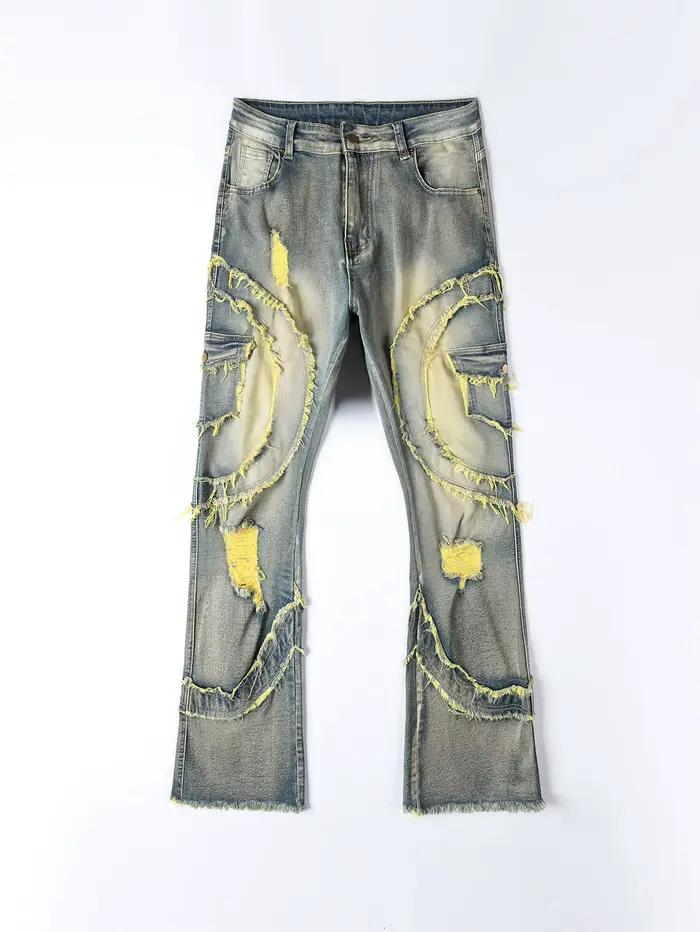 High Street Vintage hommes jean trou cassé gland Micro élastique pantalon évasé Streetwear à la mode jeunesse Denim