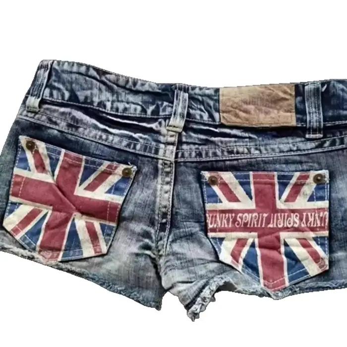 Short en jean taille basse coupe slim style urbain imprimé drapeau color block tendance pour femme