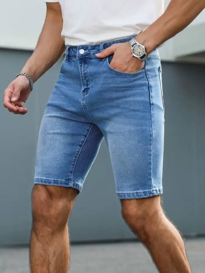Shorts en denim stretch délavé coupe slim droite pour homme, 5 pouces