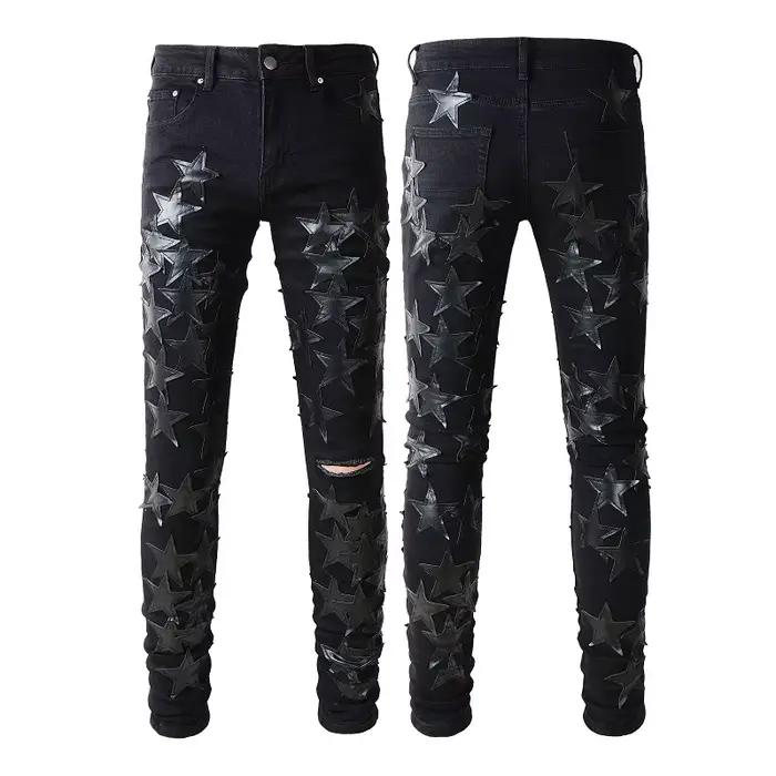 Jean homme en détresse Streetwear pantalon en Denim bleu clair étoiles jaunes Patchwork trous de moustache