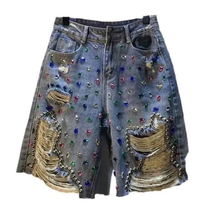 Jean trou Shorts femmes été 2025 pantalons courts taille haute Stretch en détresse diamants lavés Streetwear Denims droits