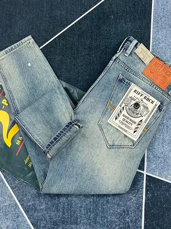 Amekaji lourd 100% coton rétro japon Style Vintage bleu décontracté Denim jean pour hommes printemps mince droit lavé pantalon