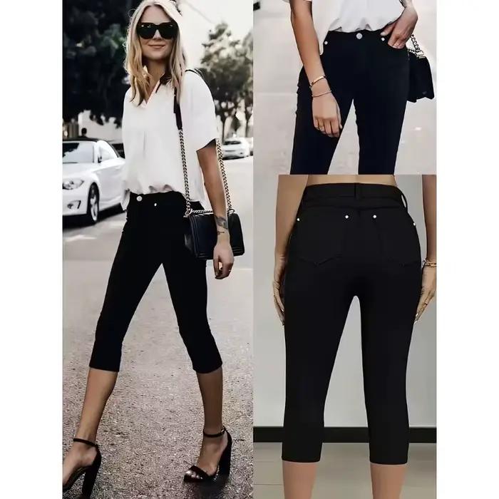 Jean Capri Noir Femme Taille Mi-Haute 2026 Nouvelle Collection Été Coupe Slim Élastique Décontracté Polyvalent