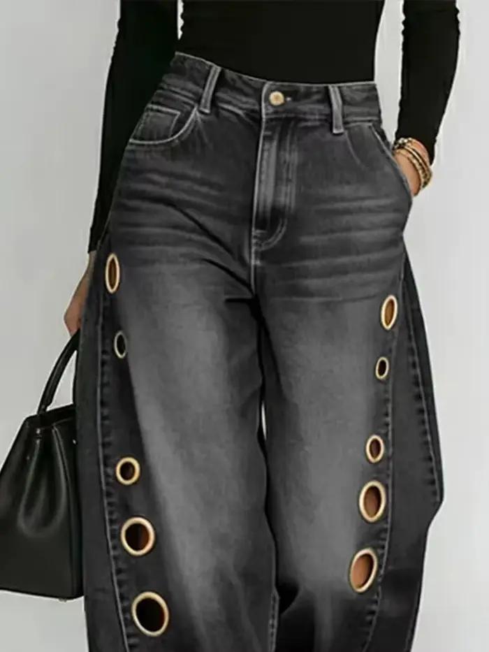 DFCF Jeans Vintage Femme Tendance Décontracté Streetwear Y2K Ample Poches Découpées Pantalon Large 2026 Nouveauté Toutes Saisons