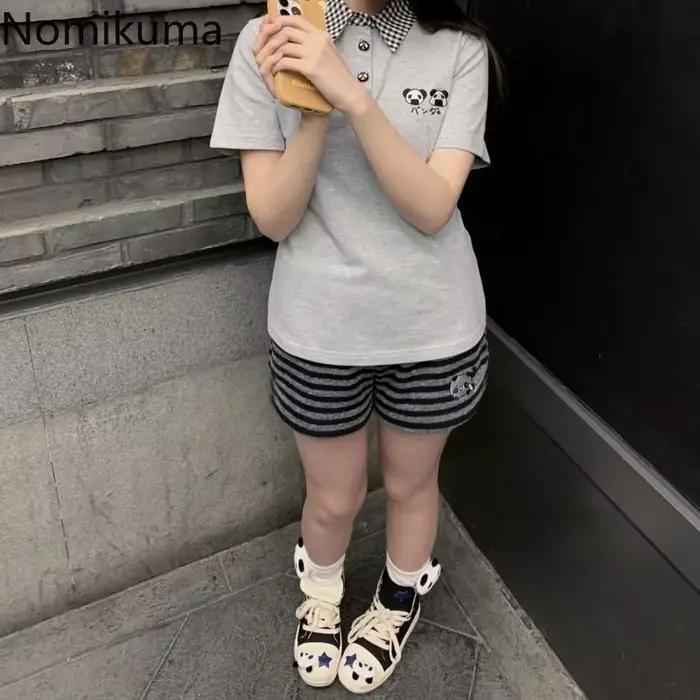 Short japonais pour femmes Panda broderie pantalons décontractés décontracté mode rayé mignon été Shorts