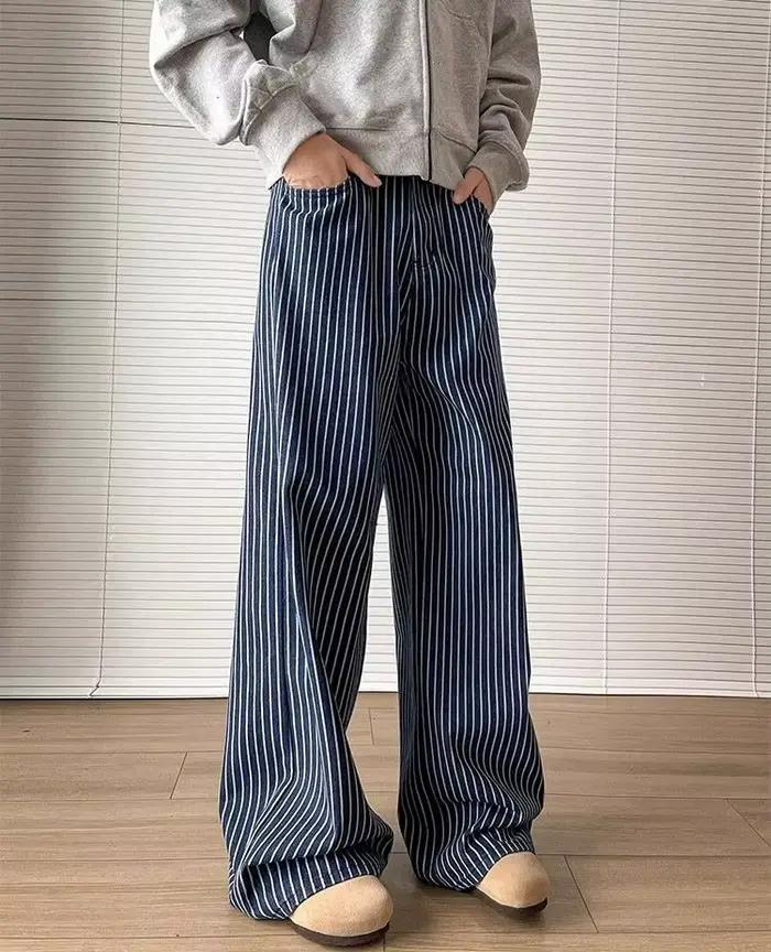 Pantalon large décontracté en jean rayé bleu vintage