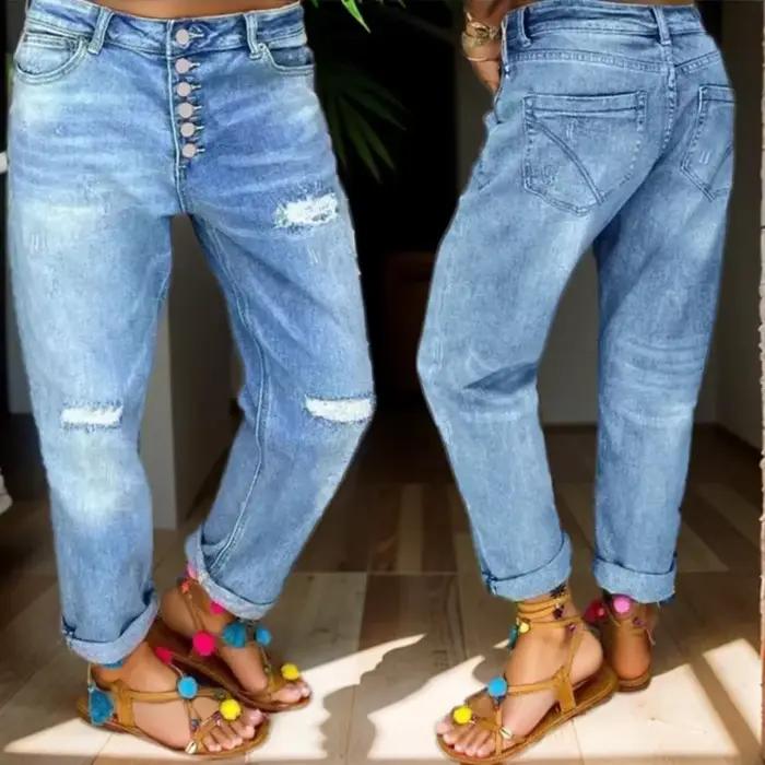 Jean déchiré pour femmes trou taille haute maman