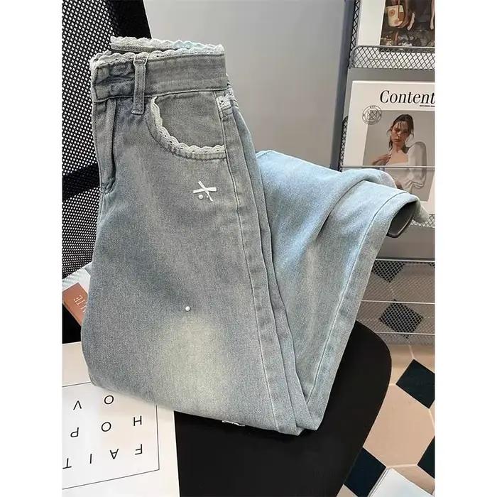 Jean en Denim Bleu avec Nministériels d Papillon pour Femme