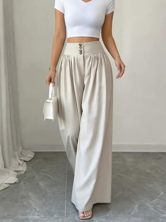 Pantalon large taille haute kaki pour femme avec détails boutonnés