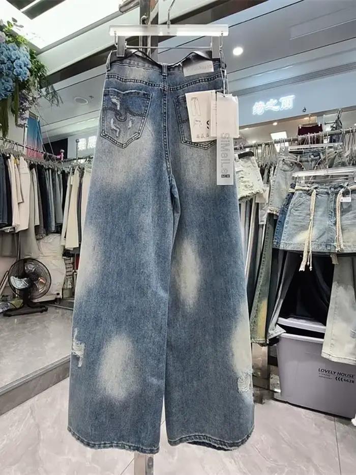 Jeans à trous cassés rétro américain pour femmes, taille haute, jambes larges, robustes et confortables pour diverses occasions