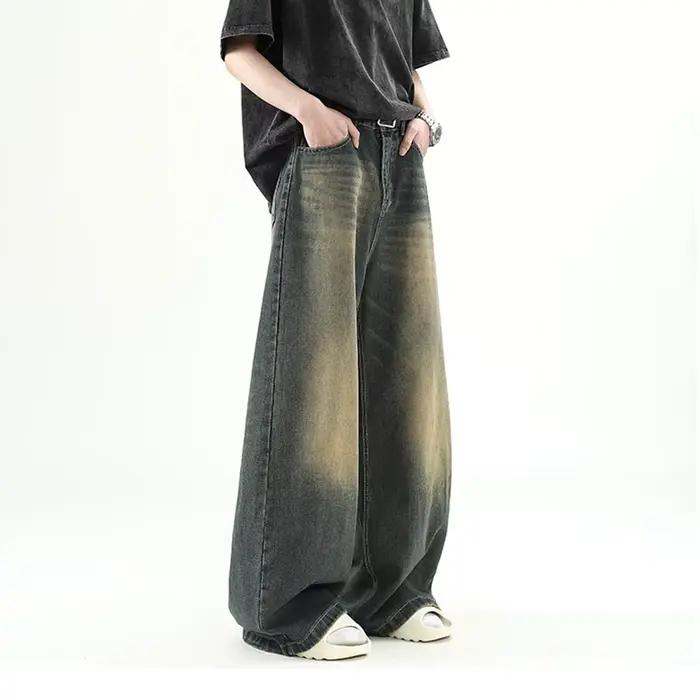 Hommes Denim pantalon vieux bleu lavé mâle jean droit décontracté