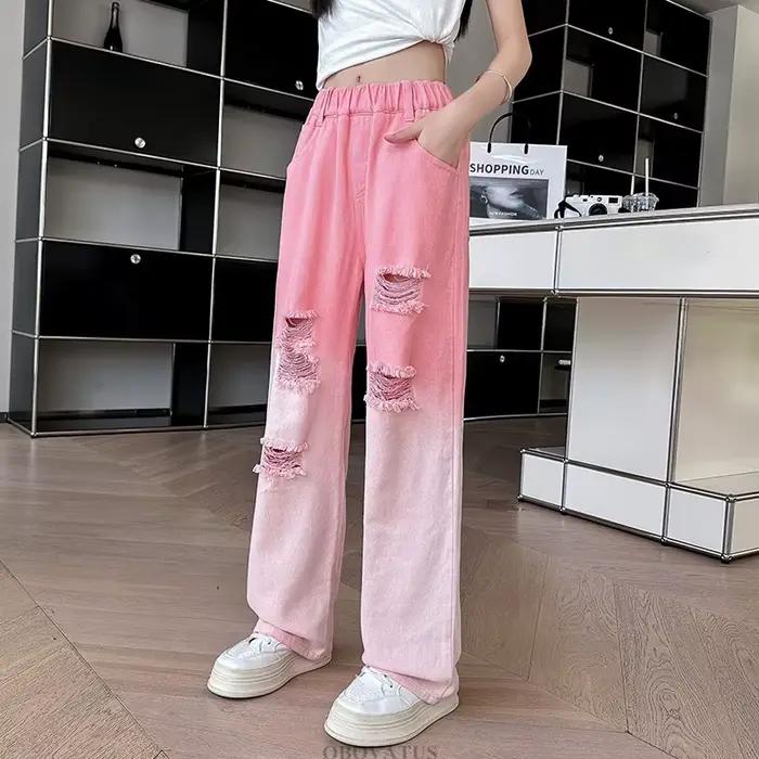 Mode enfant rose dégradé jean pour fille haute rue détruire Denim pantalon enfants concepteur cassé déchiré
