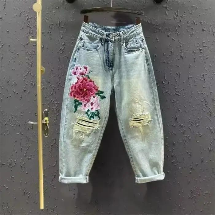 Ethnique amour brodé jean femmes élastique taille haute recadrée sarouel lavé mince été pantalon banlieue XT556