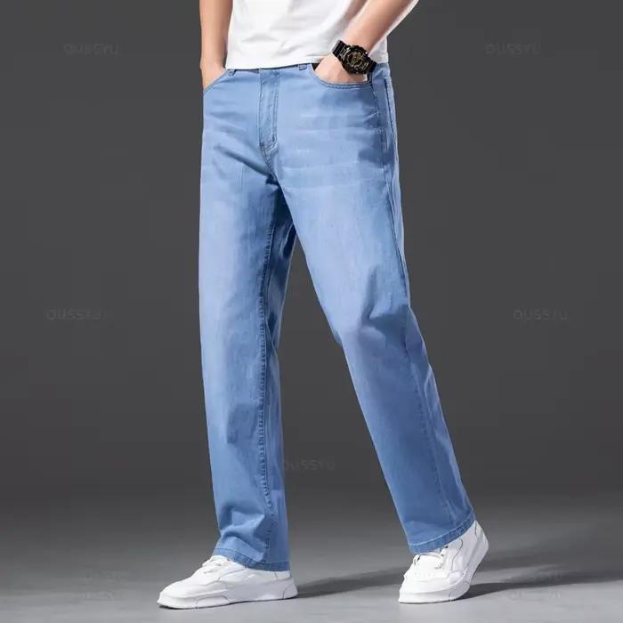 Hommes jean classique été Lyocell coton droit Stretch marque Denim pantalon salopette bleu clair ajustement
