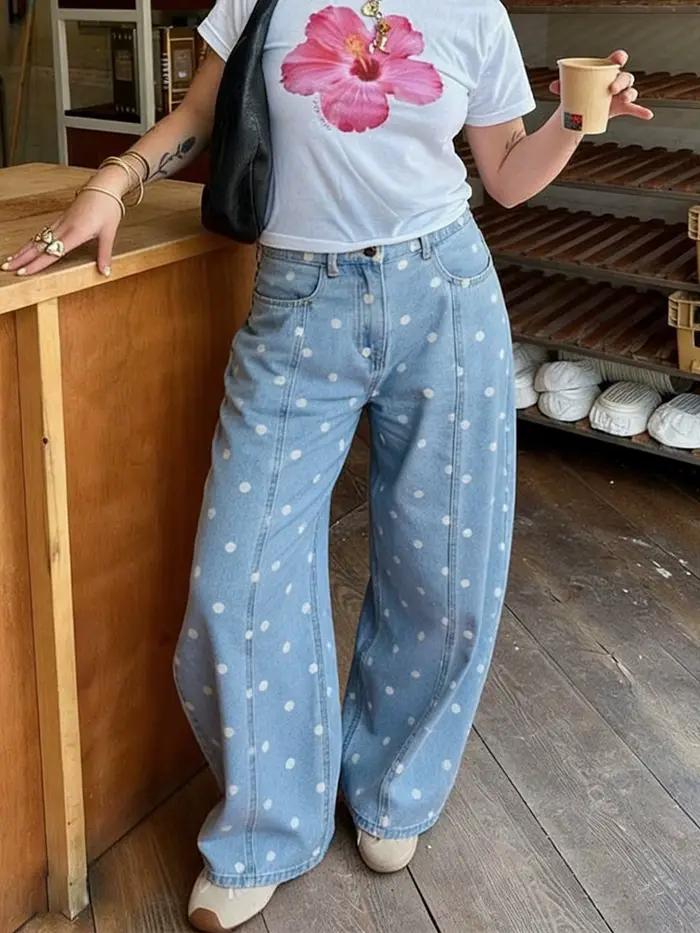 Jean taille haute ample à pois Y2K pour femme