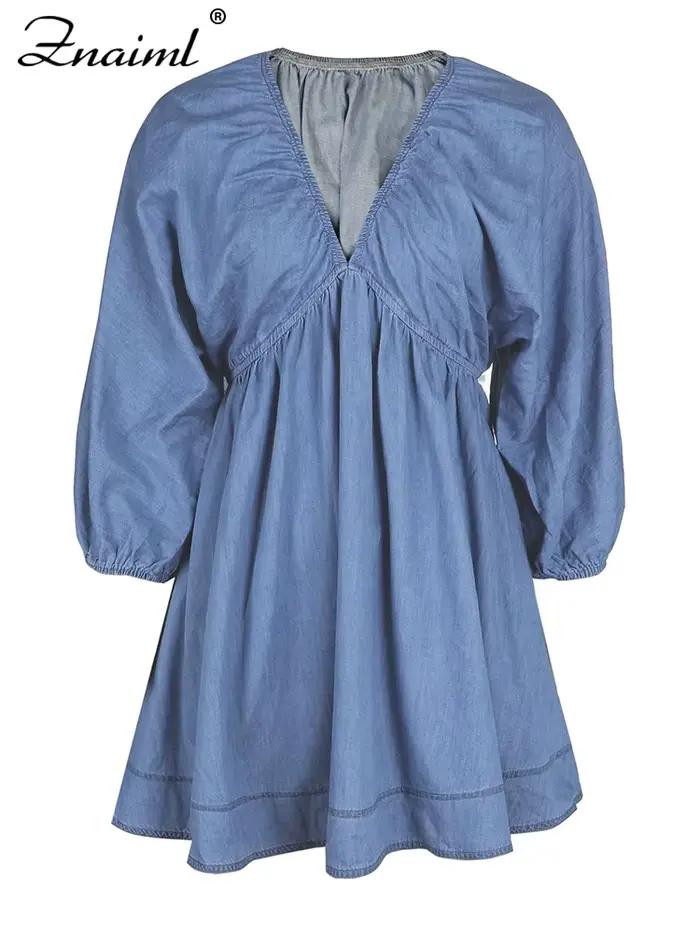 Robe en jean Znaiml bleu clair col en V manches bouffantes volants mini pour femmes style de rue printemps automne sortie décontractée plage vacances