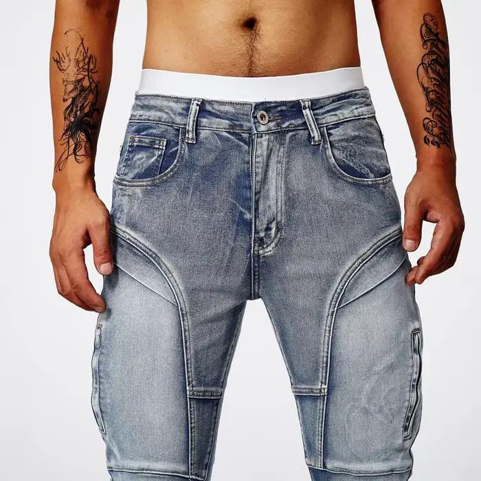 Jean patchwork en détresse bicolore pour hommes