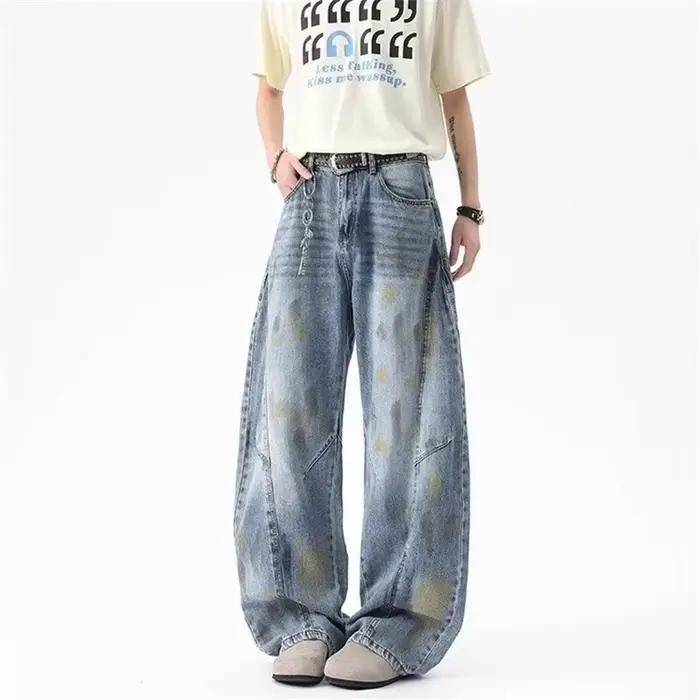 Jean Américain Vintage Effet Vieilli Tie-Dye Graffiti pour Homme