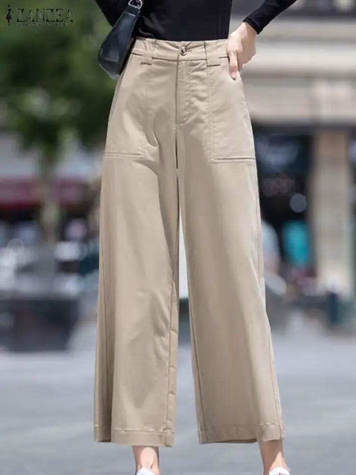 ZANZEA femmes pantalons longs droits décontracté ample jambe large Pantalon 2024 été taille haute