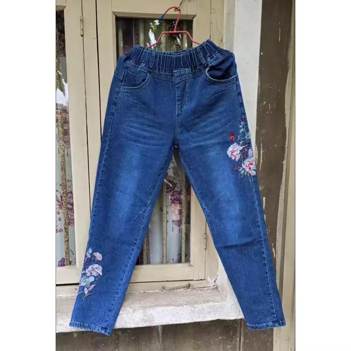 Jean brodé taille haute élastique pour Femme