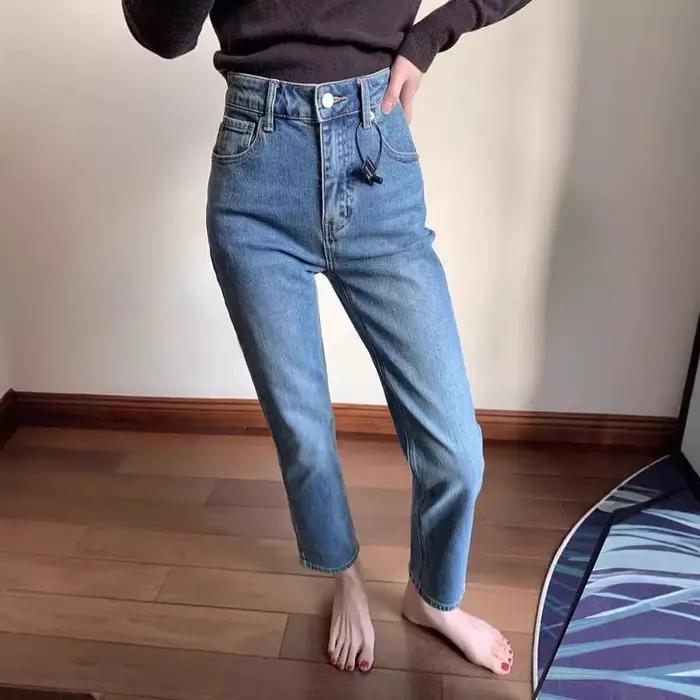 Jean droit rétro bleu coupe baguette pour femme, nouvelle collection printemps 2026, pantalon taille haute pour femme