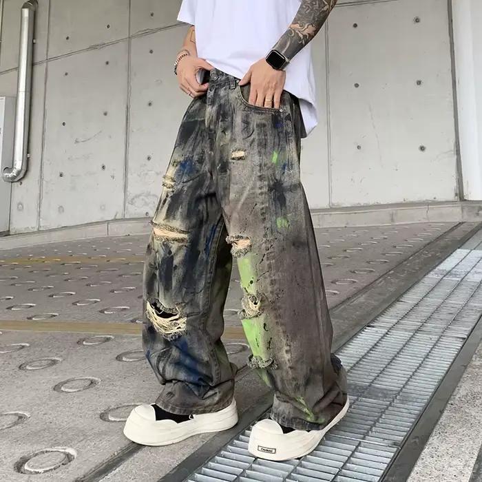 PFHQ 2026 Printemps Nouveau Jean déchiré tendance pour homme Coupe droite ample Lavé Décoration imprimée graffiti Mode Pantalon en denim 21P2102