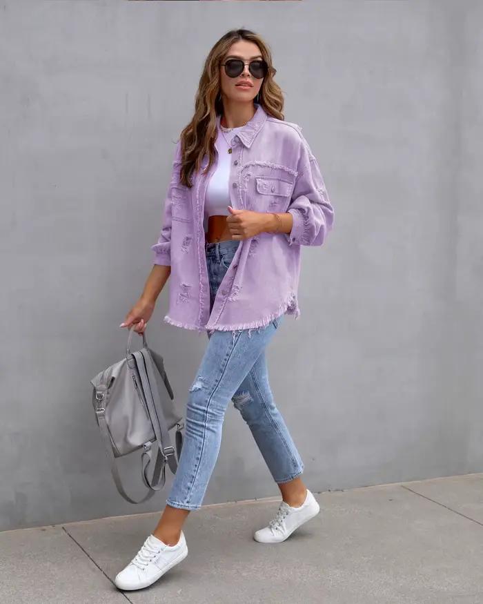 Veste en jean déchirée à bord brut pour femme