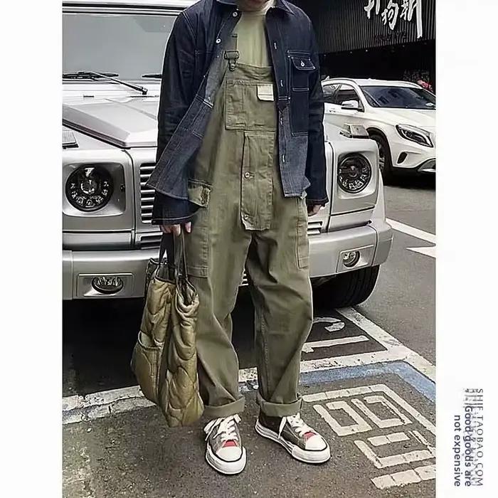 Salopette décontractée américaine style rétro japonais pour hommes vêtements de travail pantalon ample à harnais four seasons casual wear
