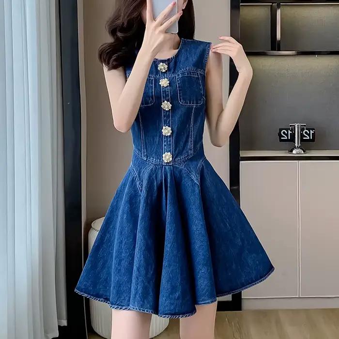 Mini Robe en Jean à Col Rond pour Femme