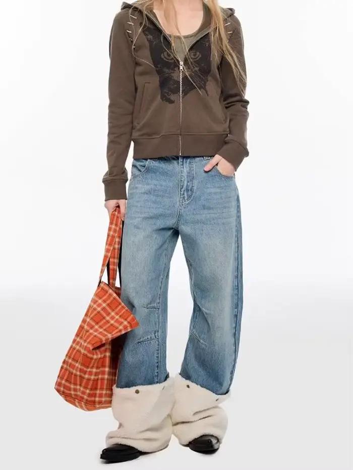 Jean pour femme à jambes détachables, coupe ample et droite, style large, polyester résistant, bouton volant, automne 2025, bywindto