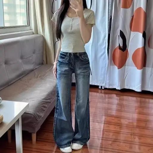 Jeans vintage taille haute à jambes larges pour femmes