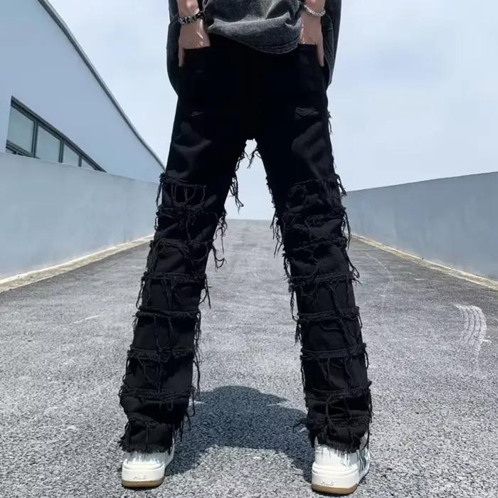 Jeans délavés pour hommes, style hip-hop rétro, denim vintage, coupe droite, ajustement confortable, fermeture bouton volant, polyester coton, adapté aux quatre saisons