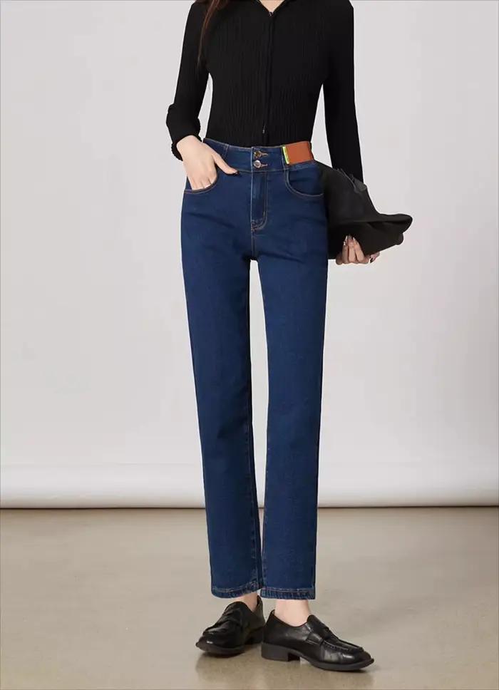 OLrain Jean Harem en Denim pour Femme 2026 Taille Haute Extensible Confortable Coupe Droite Pantalon Slim Cheville Vêtements Féminins O23CA68839