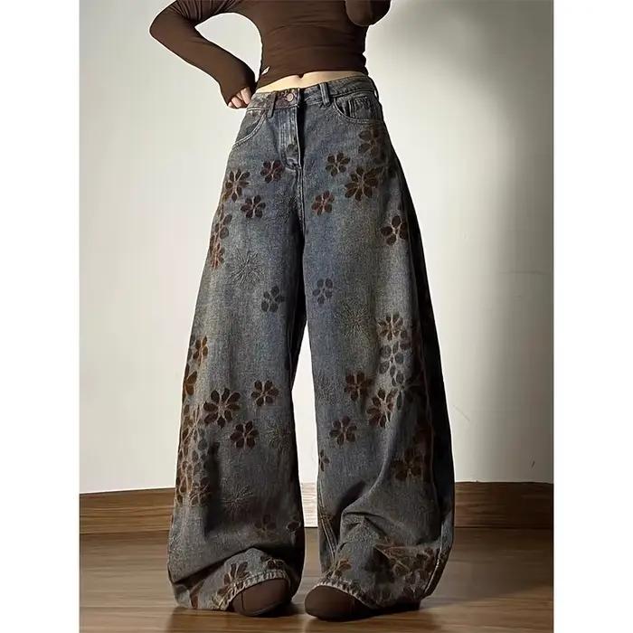 Femmes bleu Baggy Y2k Jean Vintage Harajuku taille haute broderie