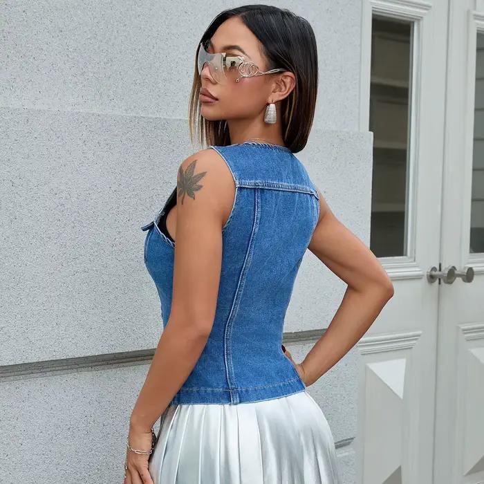 Gilet en jean féminin pour femmes de tous âges, style streetwear, printemps été, col en V, bleu ciel ou bleu, tailles S M L XL, sans farce, simple boutonnage, durable et facile à entretenir