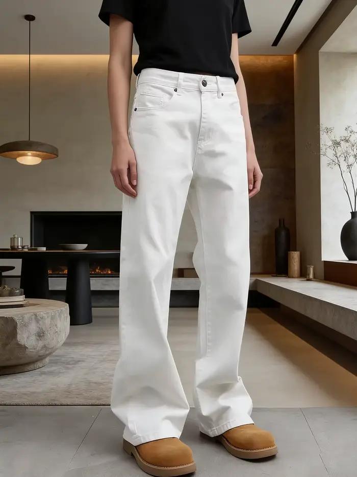 Jean blanc pur pour hommes, style ample et large, denim coton, coupes régulières, bouton volant, printemps été