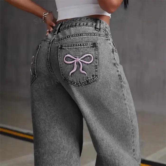Femmes jambe large petit ami jean droit Hip Hop nœud broderie Denim pantalon taille basse Baggy