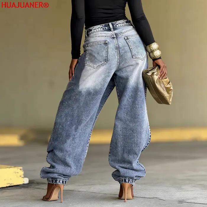 Jeans femme vintage coupe large délavé streetwear patchwork patches pantalon droit effet usé longueur ras du sol printemps 2026