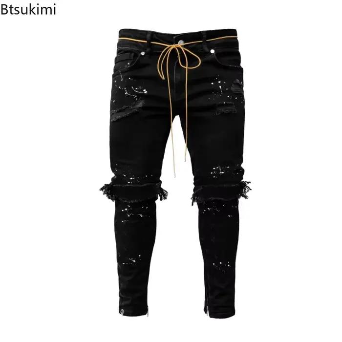 Jeans déchirés Btsukimi pour homme, bleu ciel et noir, style hip hop, ajustement confortable, idéal pour les soirées de club, fêtes et occasions décontractées
