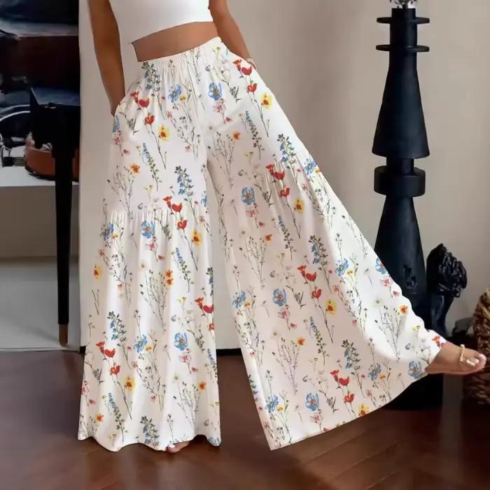 Pantalon d'été féerique à fleurs pour femme, taille haute, coupe ample, jambe large, élégant, polyvalent, droit