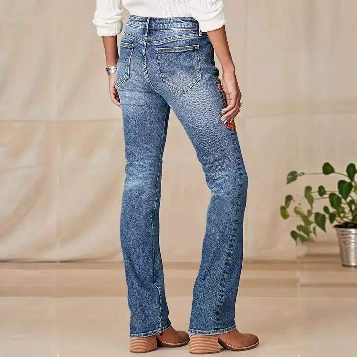Jean femme coupe botte pantalon évasé Stretch taille moyenne broderie pleine longueur