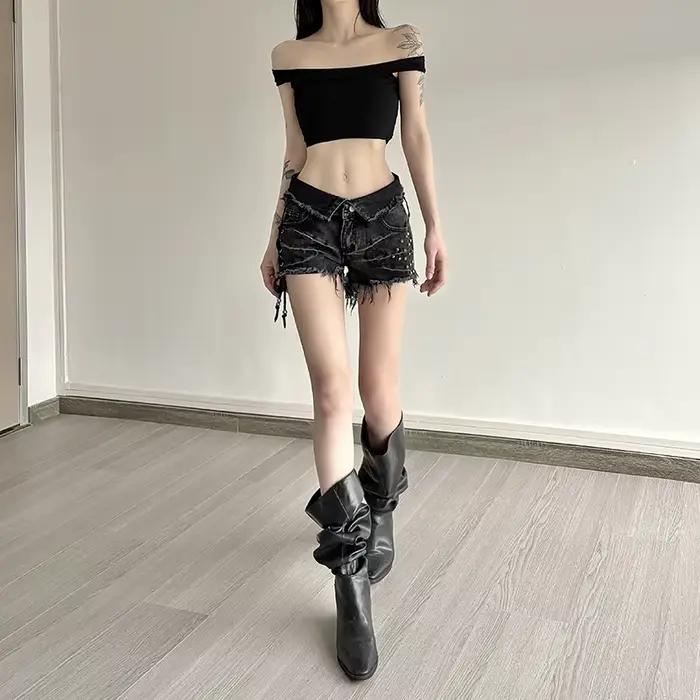 Jean taille basse en détresse Vintage américain avec taille tournée