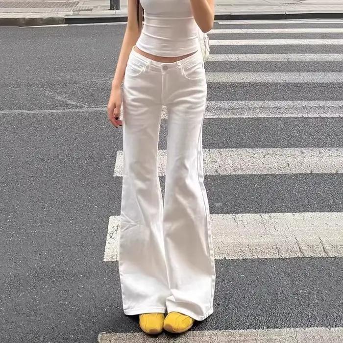 Mode coréenne taille haute jean blanc pour femmes Streetwear minceur Micro pantalon en Denim évasé femme Vintage