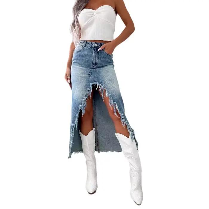 Jupe en jean taille haute à bords bruts irréguliers pour femmes
