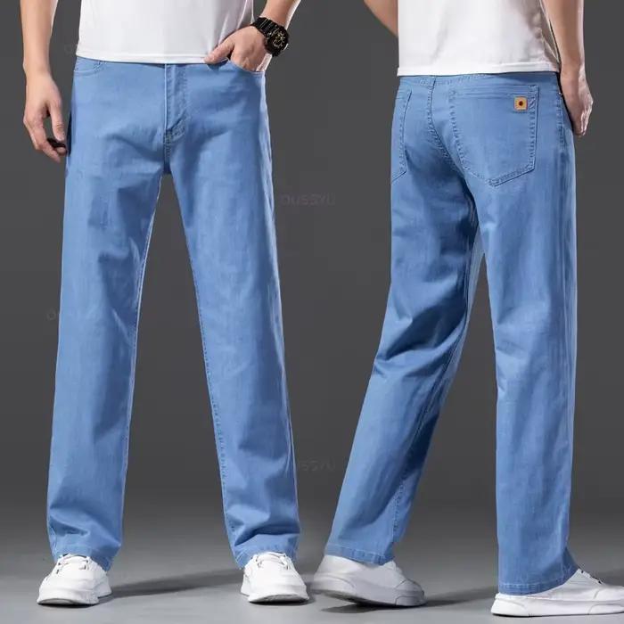 Hommes jean classique été Lyocell coton droit Stretch marque Denim pantalon salopette bleu clair ajustement