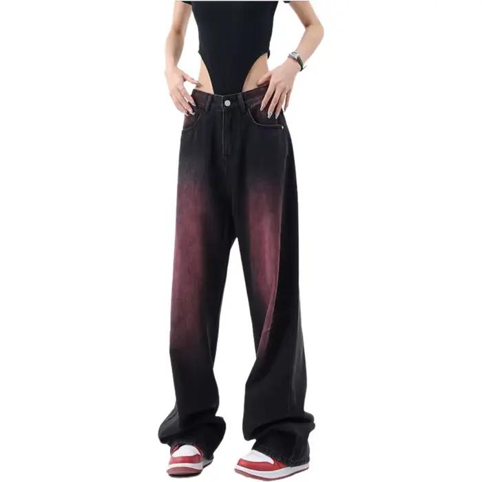 Jean rétro américain délavé coupe droite à jambe large pour femme – Nouvelle collection printemps-été