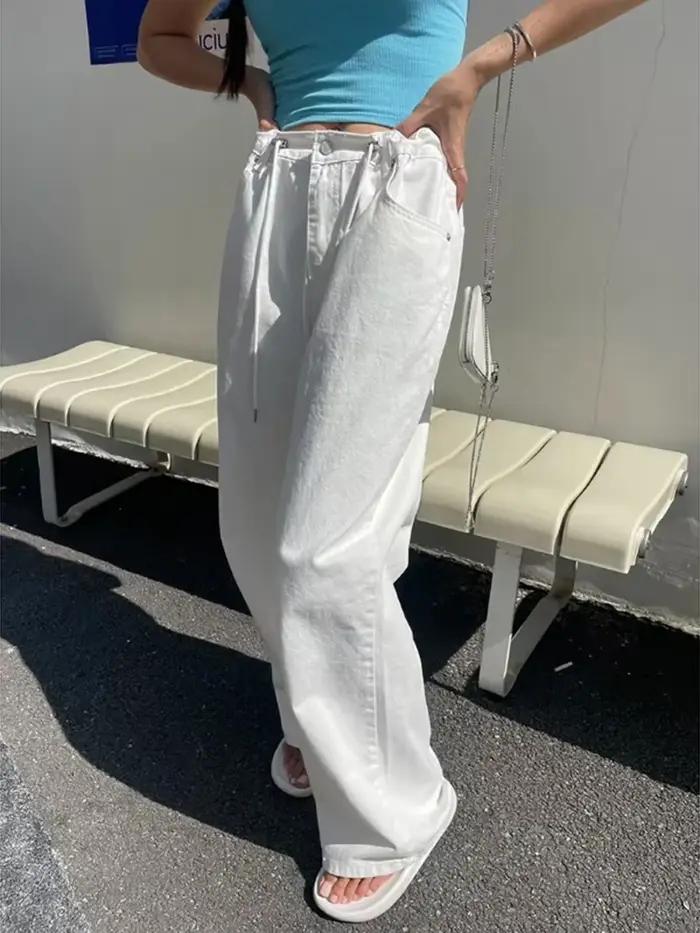 Coréen Ins rétro polyvalent taille haute femmes jambe droite jean été nouvelle mode cordon ample conception